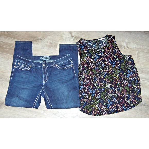 Paisley Sky Denim - OUTFIT LOT PAISLEY SKY 14 dark blue skinny STRETCH jeans DR2 Large L LG blouse
